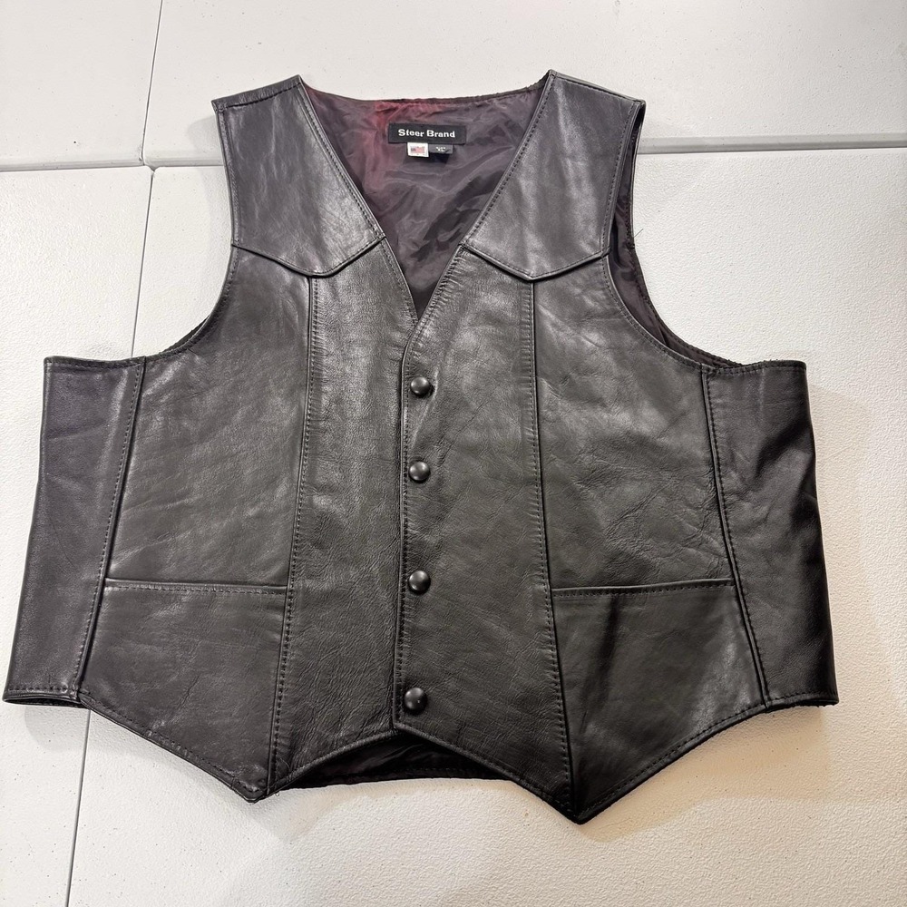 Vtg‎ USA Steer Brand Men's XL Genuine Leather Vest Black Motorcycle Biker Vest